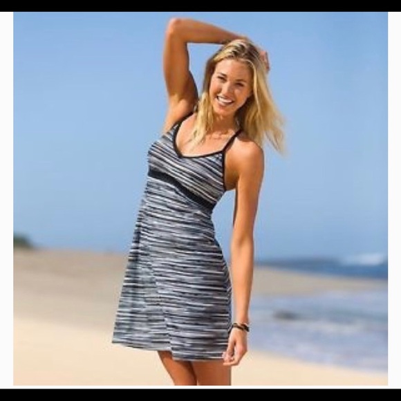 Athleta Dresses Athleta Shorebreak Black Grey Striped Swim Dress